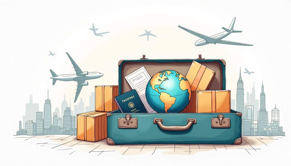 An open suitcase filled with various travel essentials