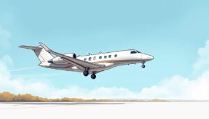 An elegant private jet taking off against a clear blue sky