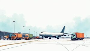 An expansive cargo airport scene featuring a variety of trucks loading and unloading air cargo containers next to a large cargo aircraft