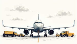 An aircraft on the tarmac with visible maintenance tools and equipment surrounding it