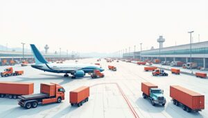 An aerial view of a busy airport with cargo planes and automotive parts being loaded onto them