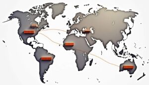 An expansive world map highlighting major international air freight routes with stylized cargo planes and shipping containers