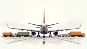 An aircraft stranded on a runway surrounded by various logistical elements like cargo containers