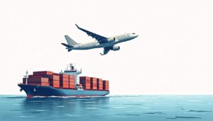 An airplane soaring above a cargo ship on a calm ocean