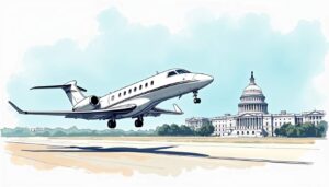 An elegant private jet taking off from a runway