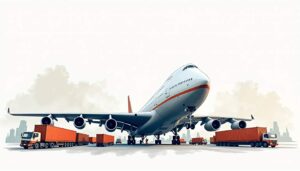 An oversized cargo plane surrounded by large freight containers