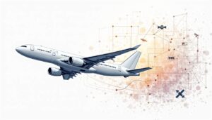 An advanced cargo aircraft soaring above a bustling global trade network